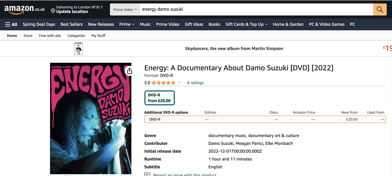 Energy: A Documentary About Damo Suzuki - Available as a limited DVD run of 500.